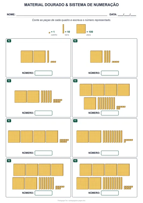 Folha de Material Dourado com peças para contar